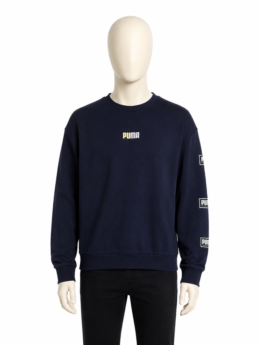Puma Men's XL Black Gold Logo Crewneck Sweatshirt Sportswear Sleeve Patch